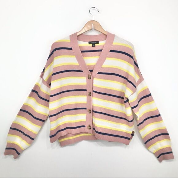 Ann Taylor Pink Navy Yellow Striped Knit Boyfriend Cardigan Sweater - Picture 5 of 16